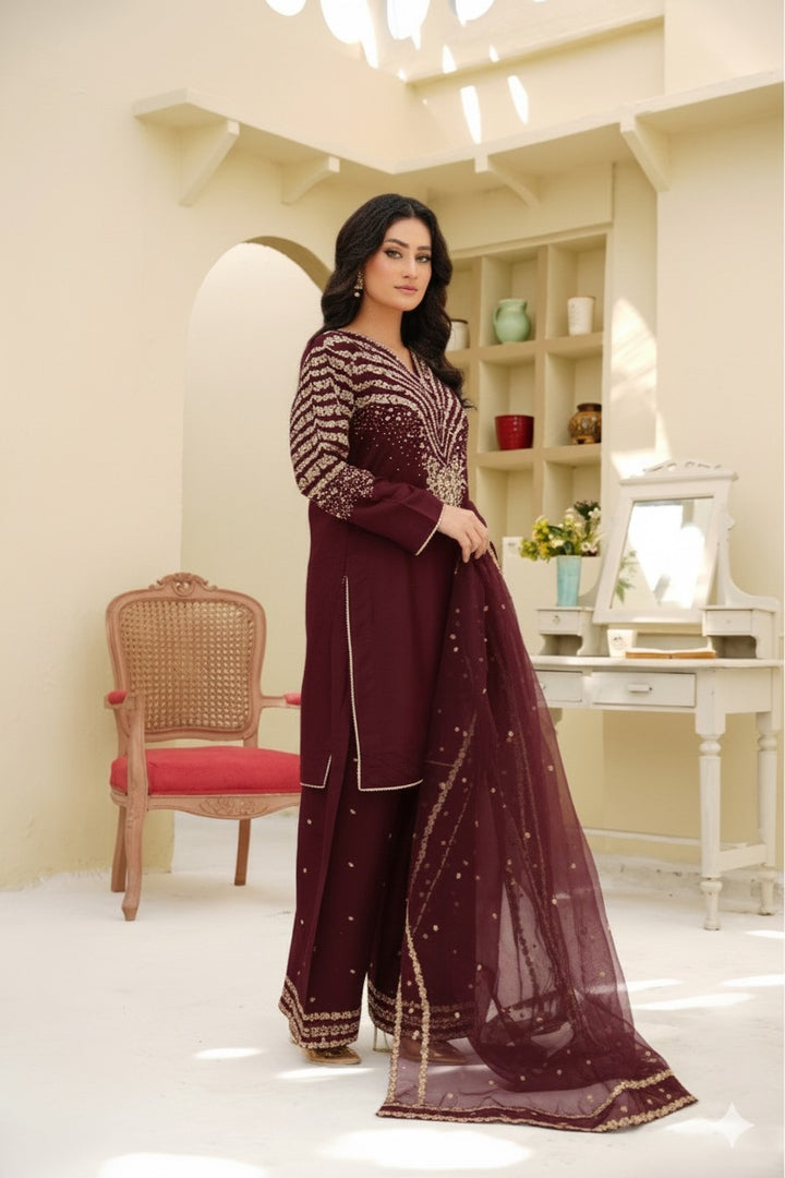 New 3 PC Ready To Wear Dhanak  Embroidered- Gold&Maroon AN-12-