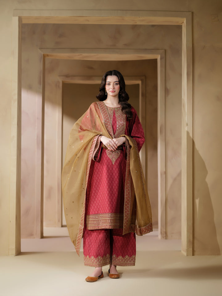 3 Pc Ready To Wear Embroidered Raw Silk Suit -HE27-