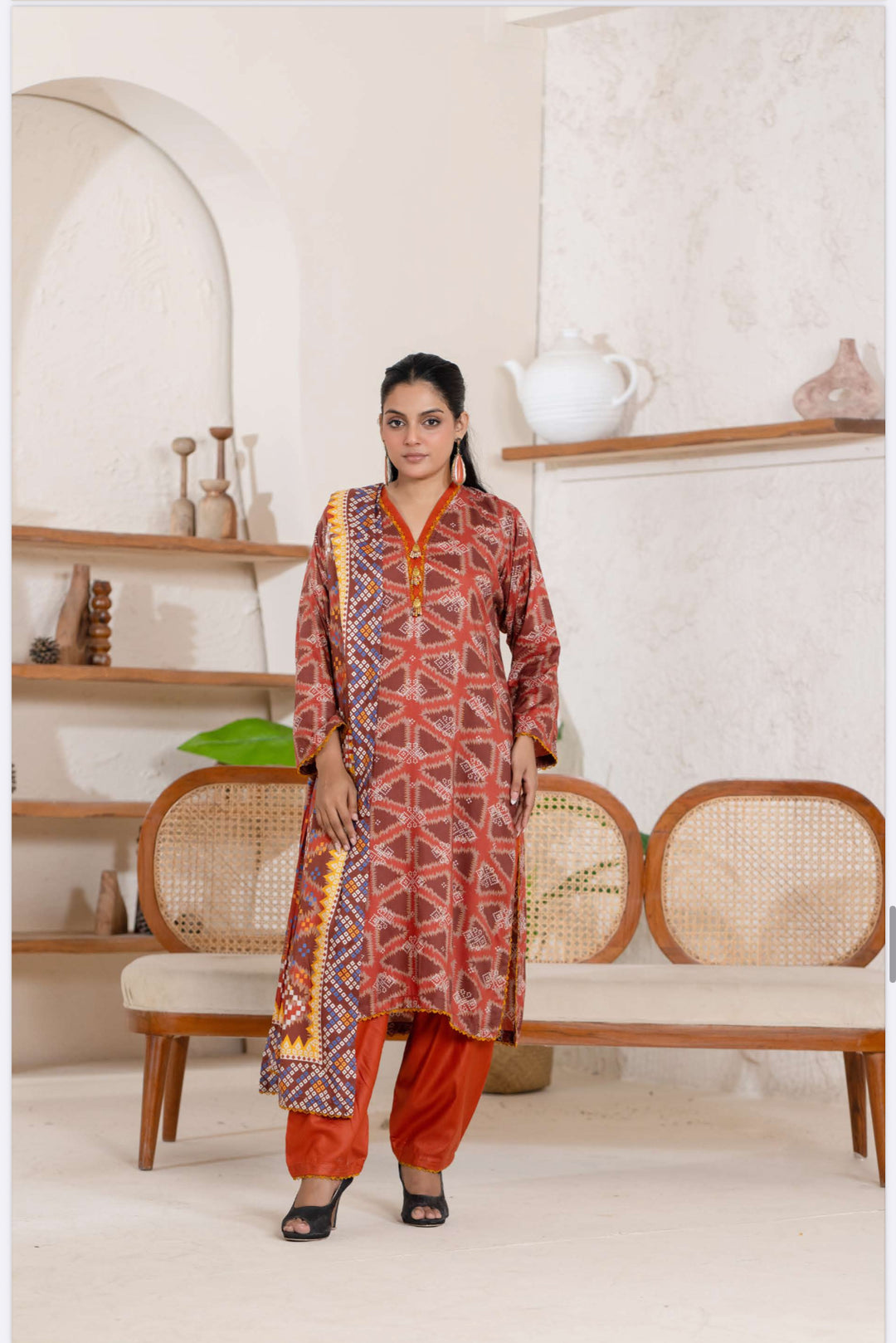 3 Piece Ready To Wear - Printed Linen Suit-- TT-104-