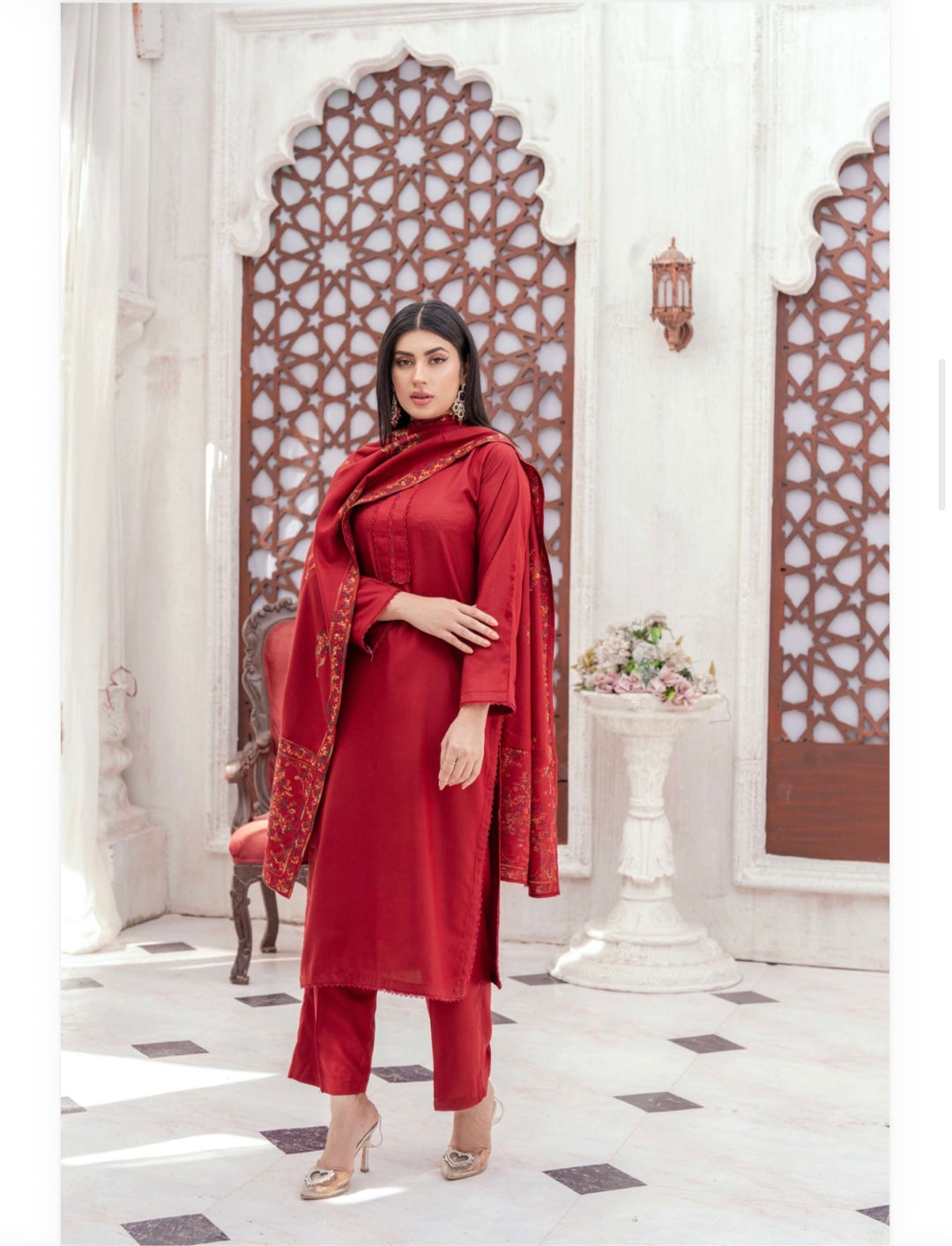 3 Pc Ready To Wear Dhanak  Suit With Full Embroidered Shawl - TT-42-
