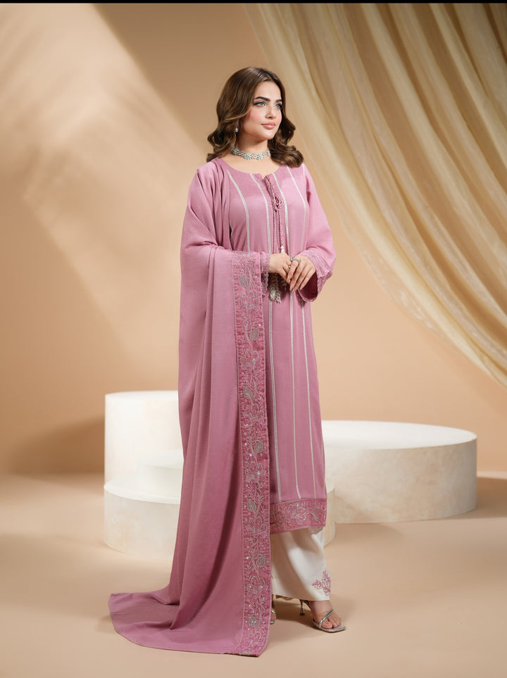 3 Pc Ready To Wear Embroidered Raw Silk Suit -HE15-