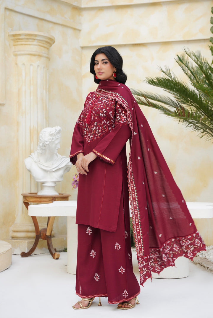 New 3 PC Ready To Wear Dhanak  Embroidered Suit Maroon- -AN-11-