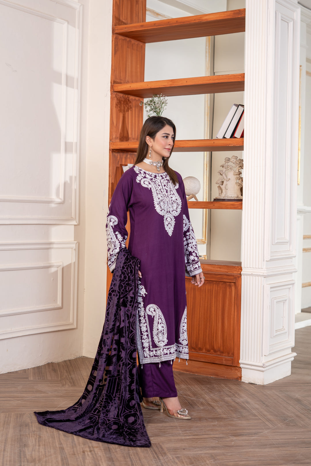 3 Pc Ready To Wear Fully Embroidered Linen Suit With Plachi Shawls - TT-22-