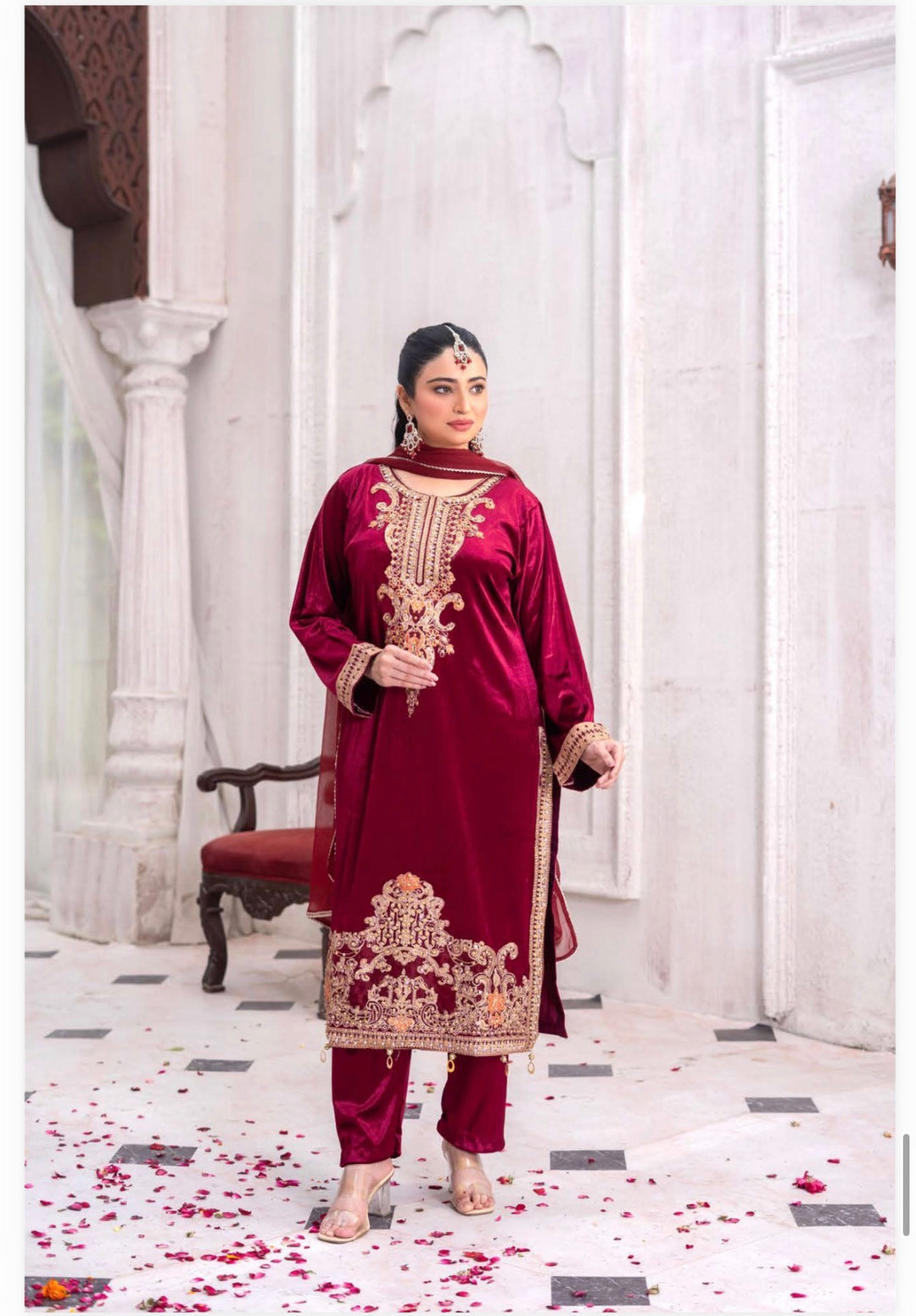 3 Pc Ready To Wear Fully Embroidered Valvet   Suit With Chiffon Duppata  - TT-55-