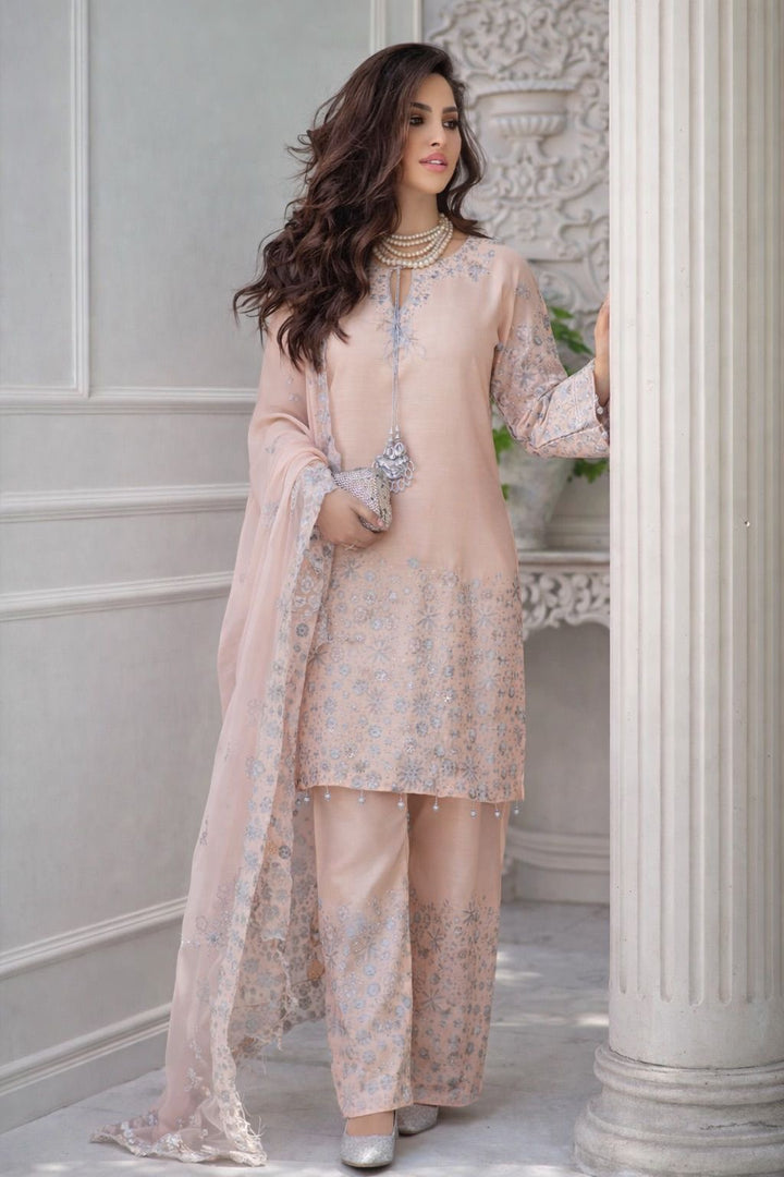 New Festive Luxury Soft Peach Blush Silver Detailed Suit | Festive 2026 Collection- RA175