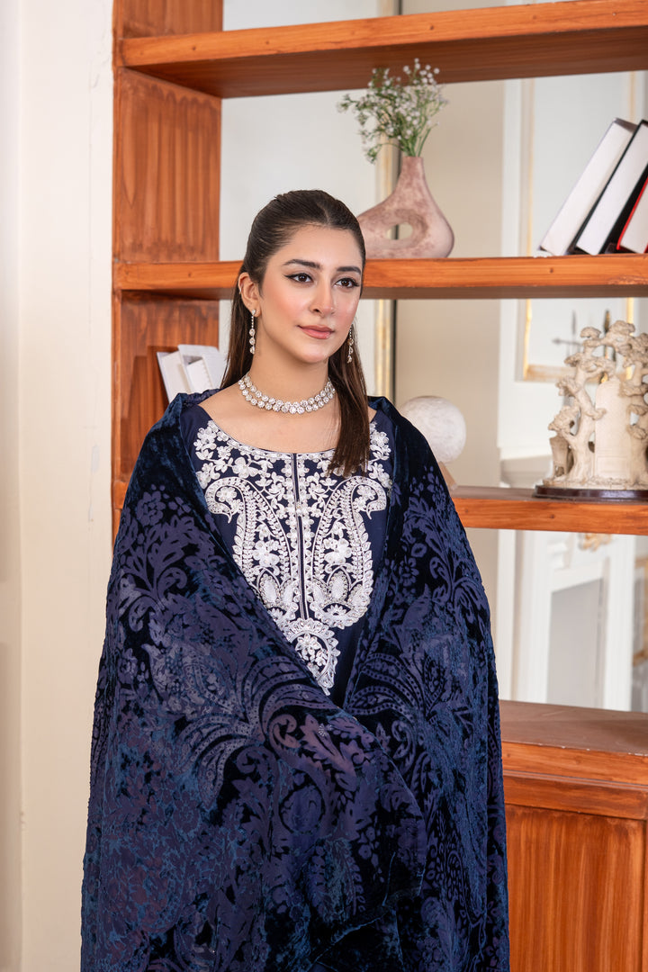 3 Pc Ready To Wear Fully Embroidered Linen Suit With Plachi Shawls - TT-23-
