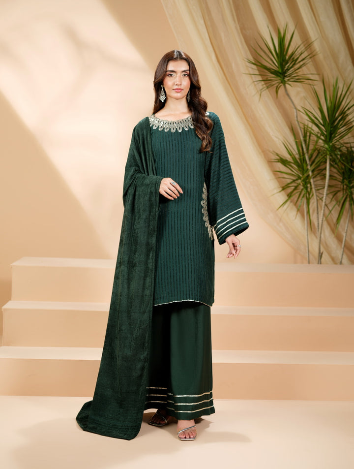 3 Pc Ready To Wear Embroidered  Pashmina Velvet Suit -HE63-