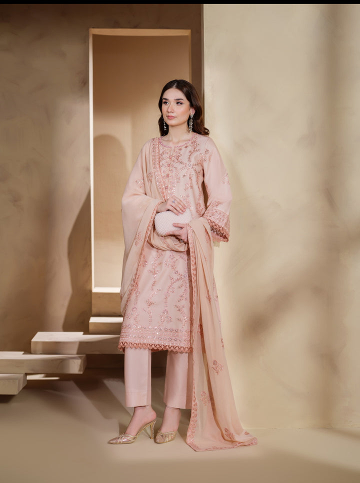 New Branded 3 PC Ready To Wear  Viscose Fully Embroidered Suit- HE147-