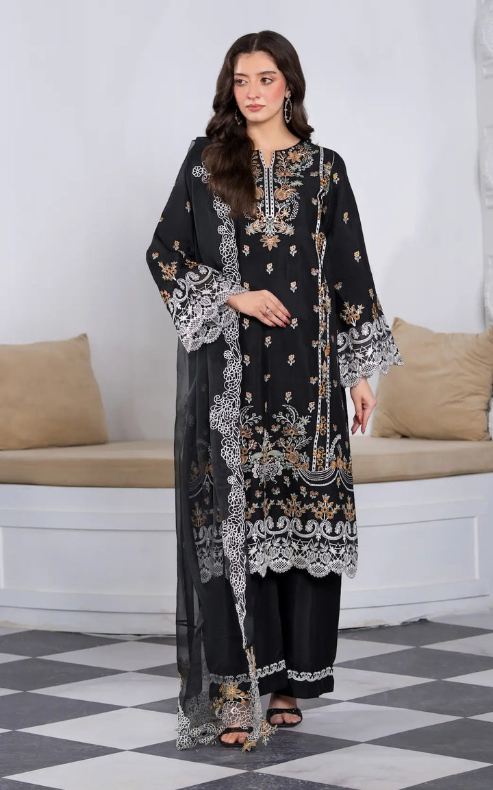 3 Pc Ready To Wear Embroidered Suit -Black Orchid- HE81-