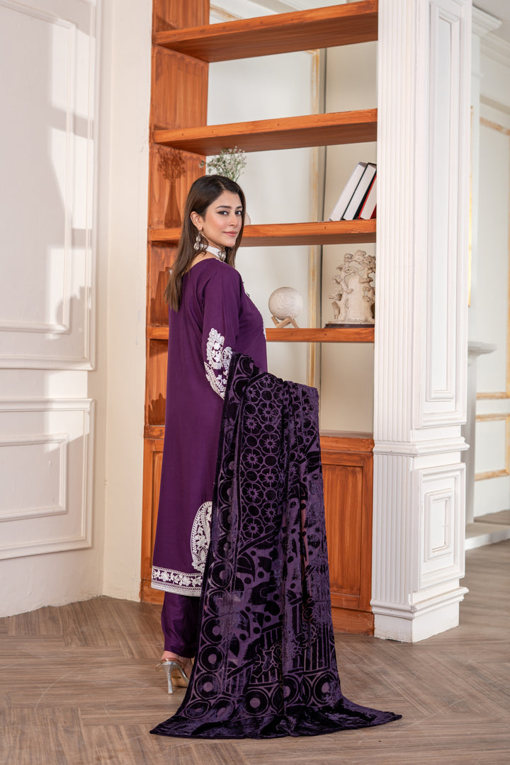 3 Piece Ready To Wear Linen Embroidered Suits With Valvet Shawl -TT-31-