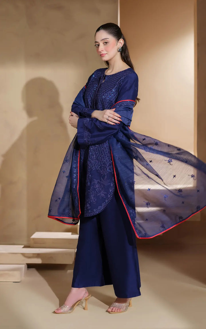 3 Pc Ready To Wear Embroidered Suit - Celestial Blue -HE101-