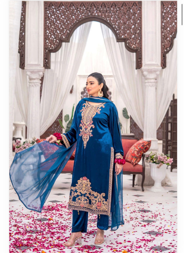 3 Pc Ready To Wear Fully Embroidered  Valvet Suit With Chiffon Dupatta - TT-52