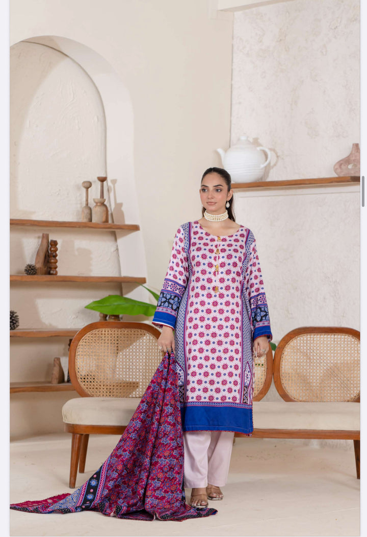3 Piece Ready To Wear - Printed Linen Suit-- TT-103-