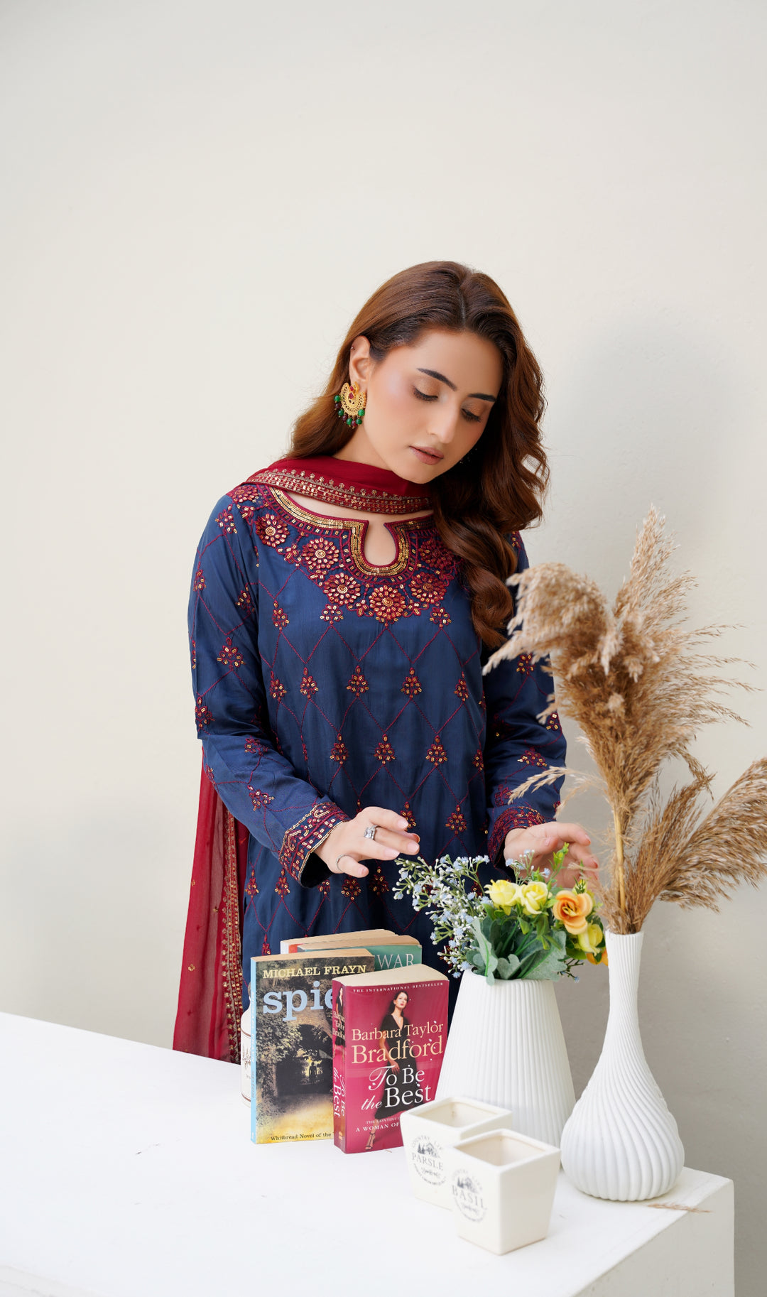 Navy Blue & Maroon 3-Piece Ready-to-Wear Winter Dhanak-Viscose Suit- MA12-