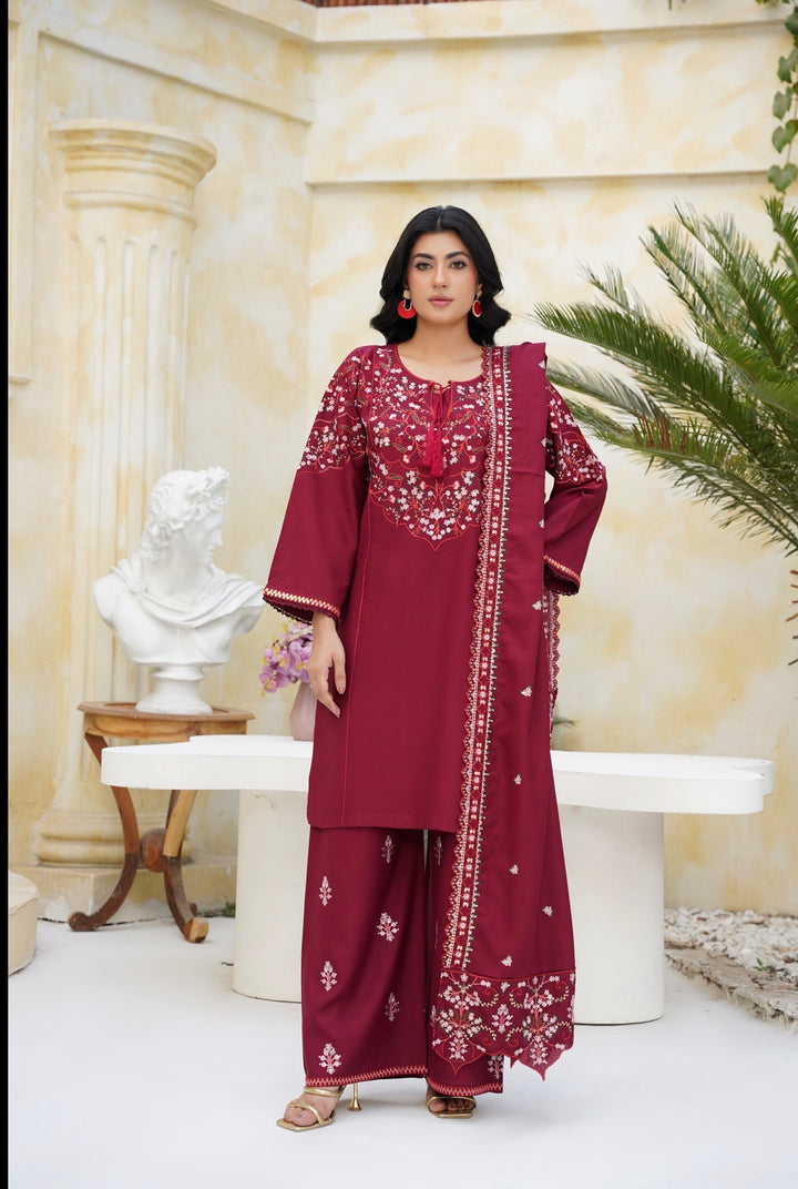 New 3 PC Ready To Wear Dhanak  Embroidered Suit Maroon- -AN-11-
