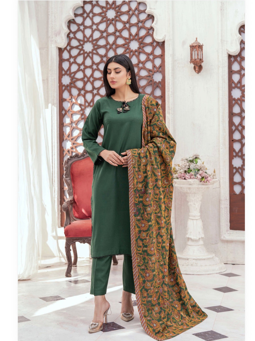 3 Pc Ready To Wear Dhanak  Suit With Full Embroidered Shawl - TT-41