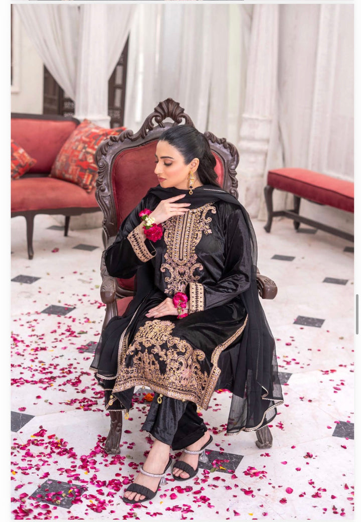 3 Pc Ready To Wear Fully Embroidered  Valvet Suit With Chiffon Dupatta - TT-53
