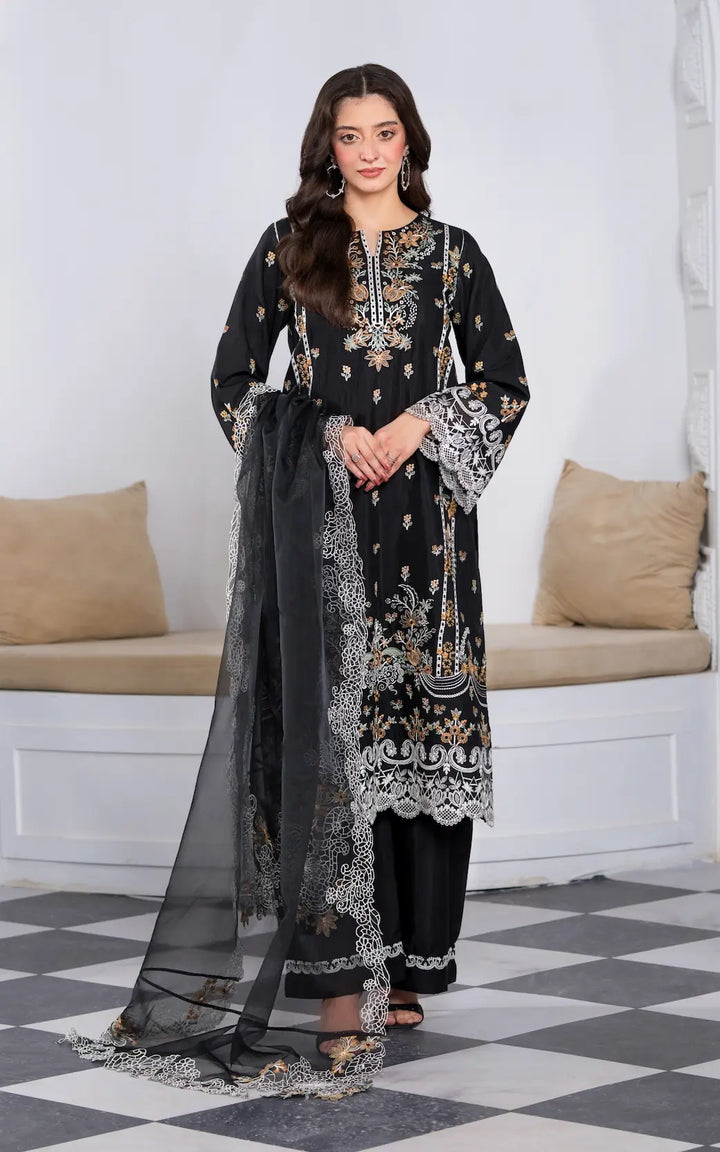 3 Pc Ready To Wear Embroidered Suit -Black Orchid- HE81-