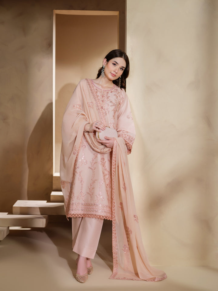 New Branded 3 PC Ready To Wear  Viscose Fully Embroidered Suit- HE147-
