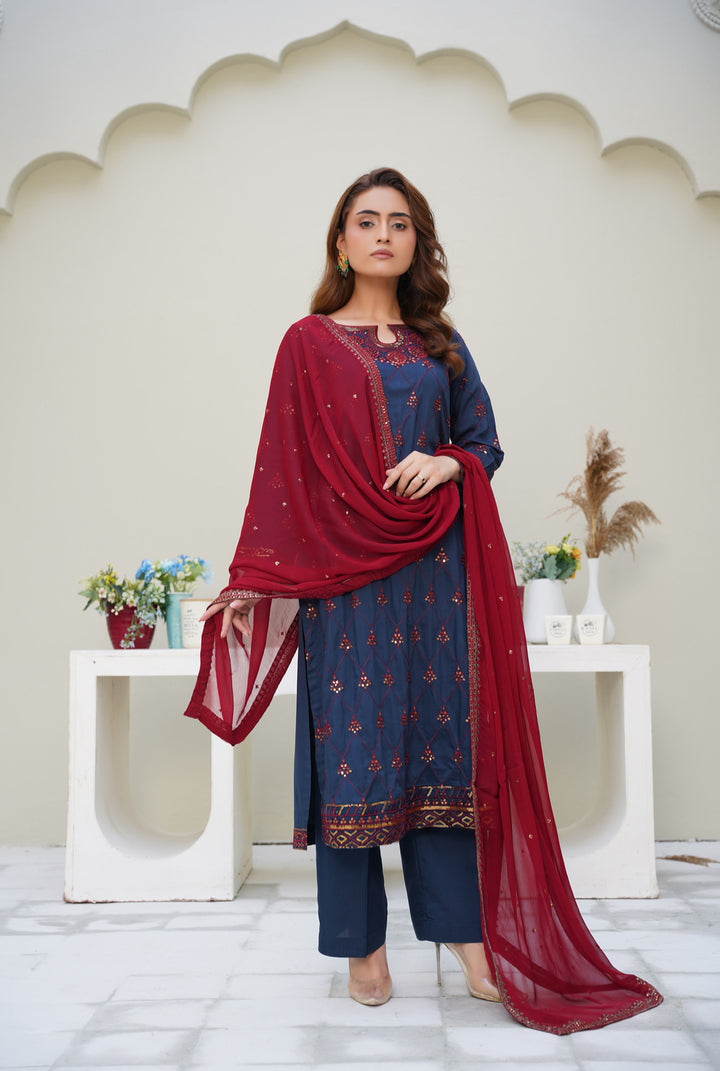 Navy Blue & Maroon 3-Piece Ready-to-Wear Winter Dhanak-Viscose Suit- MA12-