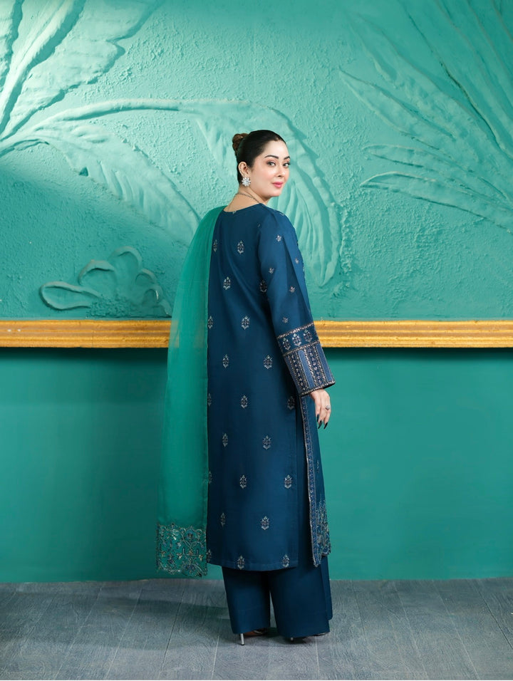 New Branded 3 PC Ready To Wear  Cambric Cotton Embroidered Suit- HE12