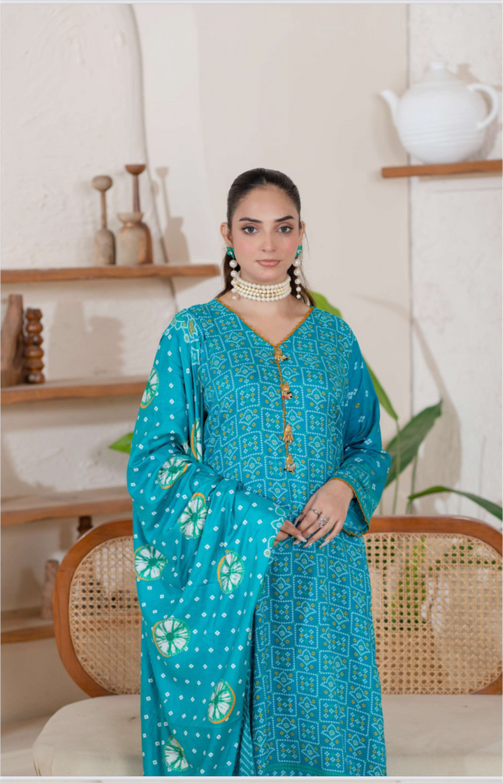 3 Piece Ready To Wear - Printed Linen Suit-- TT-101