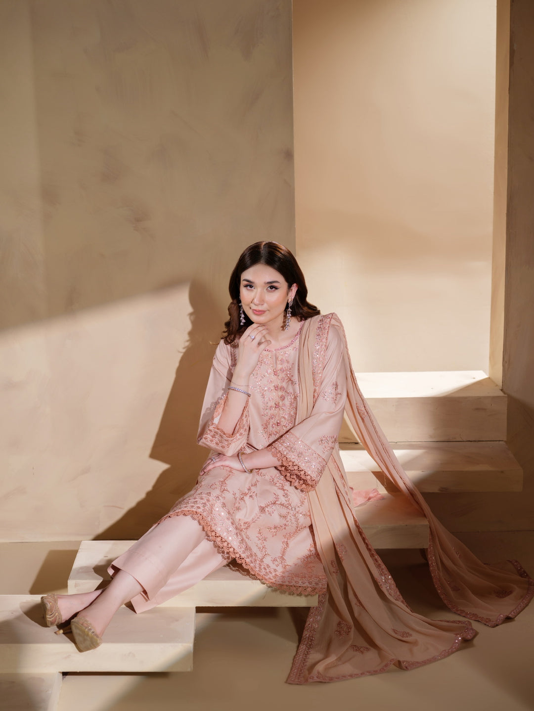 New Branded 3 PC Ready To Wear  Viscose Fully Embroidered Suit- HE147-