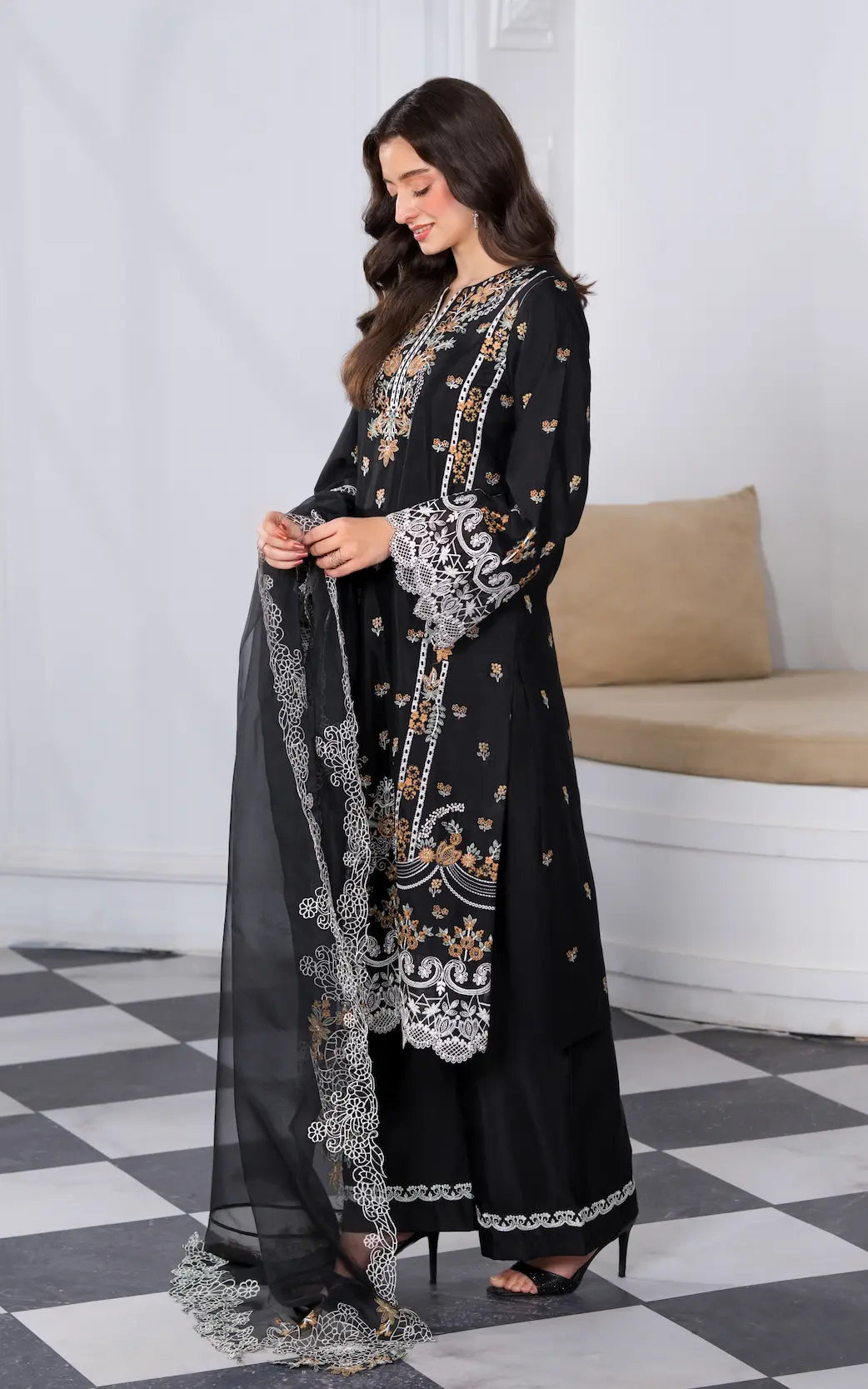 3 Pc Ready To Wear Embroidered Suit -Black Orchid- HE81-