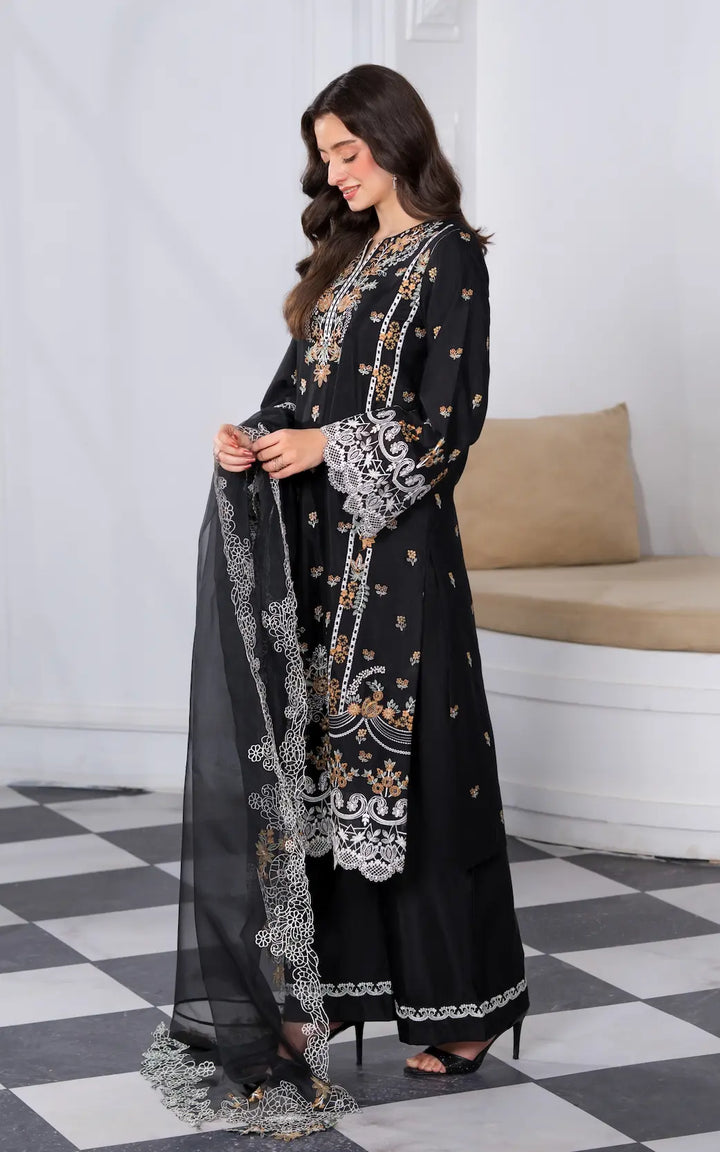 3 Pc Ready To Wear Embroidered Suit -Black Orchid- HE81-