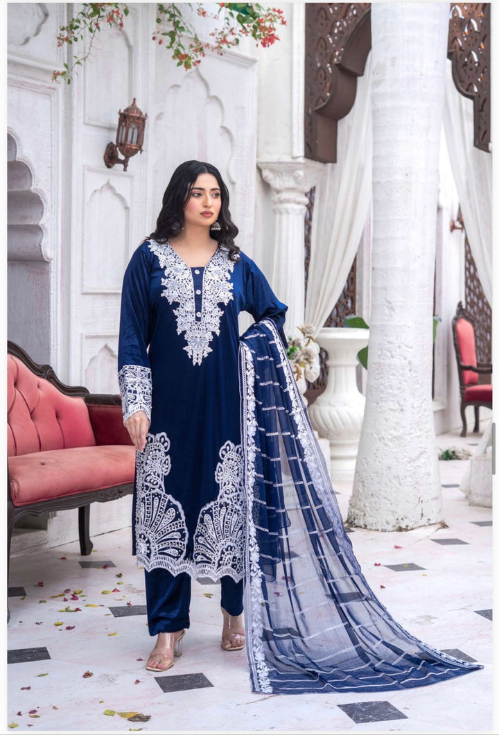 3 Pc Ready To Wear Fully Embroidered Valvet   Suit With Chiffon Duppata  - TT-04-