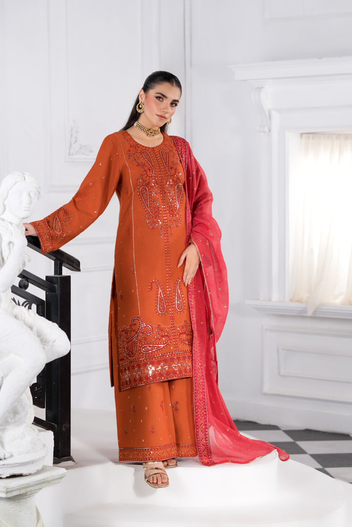 New Branded 3 PC Ready To Wear  Viscose Fully Embroidered Suit- HE148-