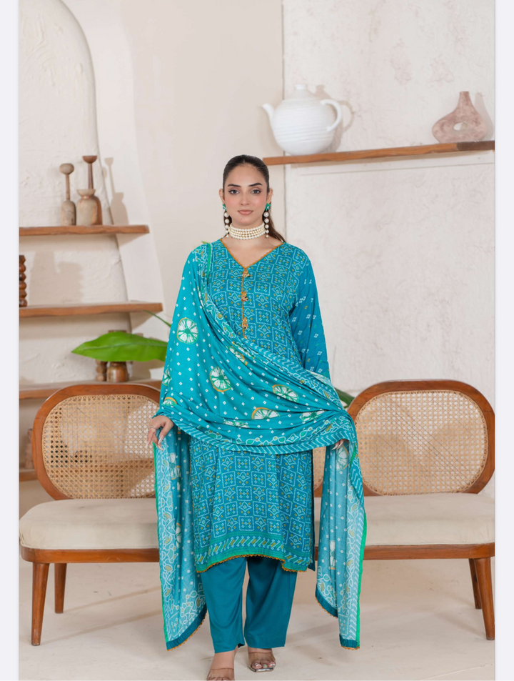 3 Piece Ready To Wear - Printed Linen Suit-- TT-101