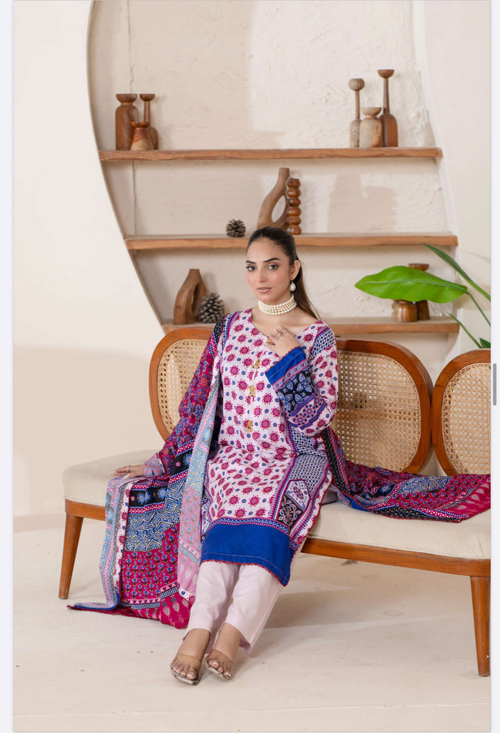 3 Piece Ready To Wear - Printed Linen Suit-- TT-103-