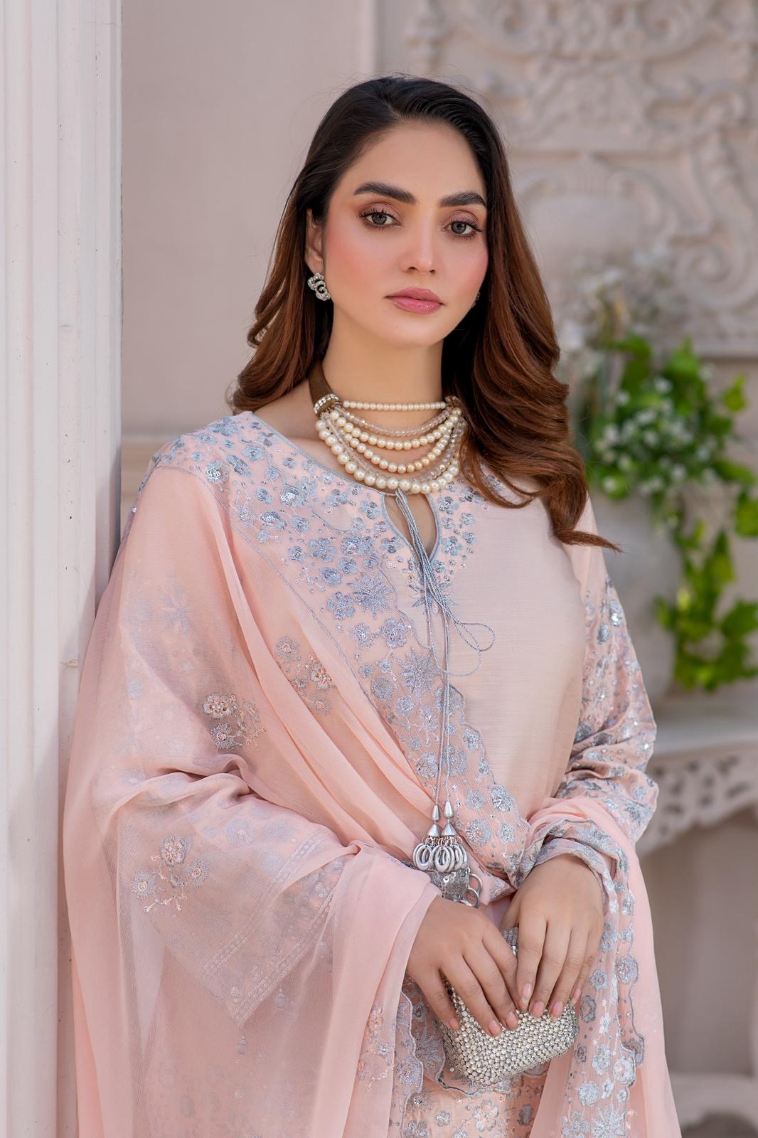 New Festive Luxury Soft Peach Blush Silver Detailed Suit | Festive 2026 Collection- RA175