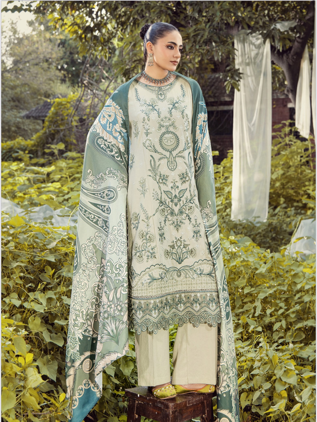 3 Pc Ready To Wear Fully Embroidered Dhanak  Suit With Wool  Shawl- TT-51-