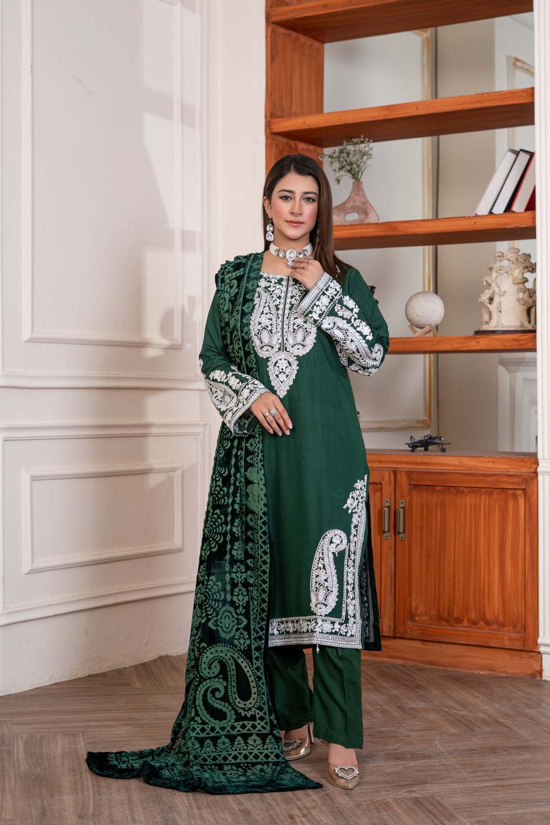 3 Piece Ready To Wear Linen Embroidered Suits With Valvet Shawl -TT-31-