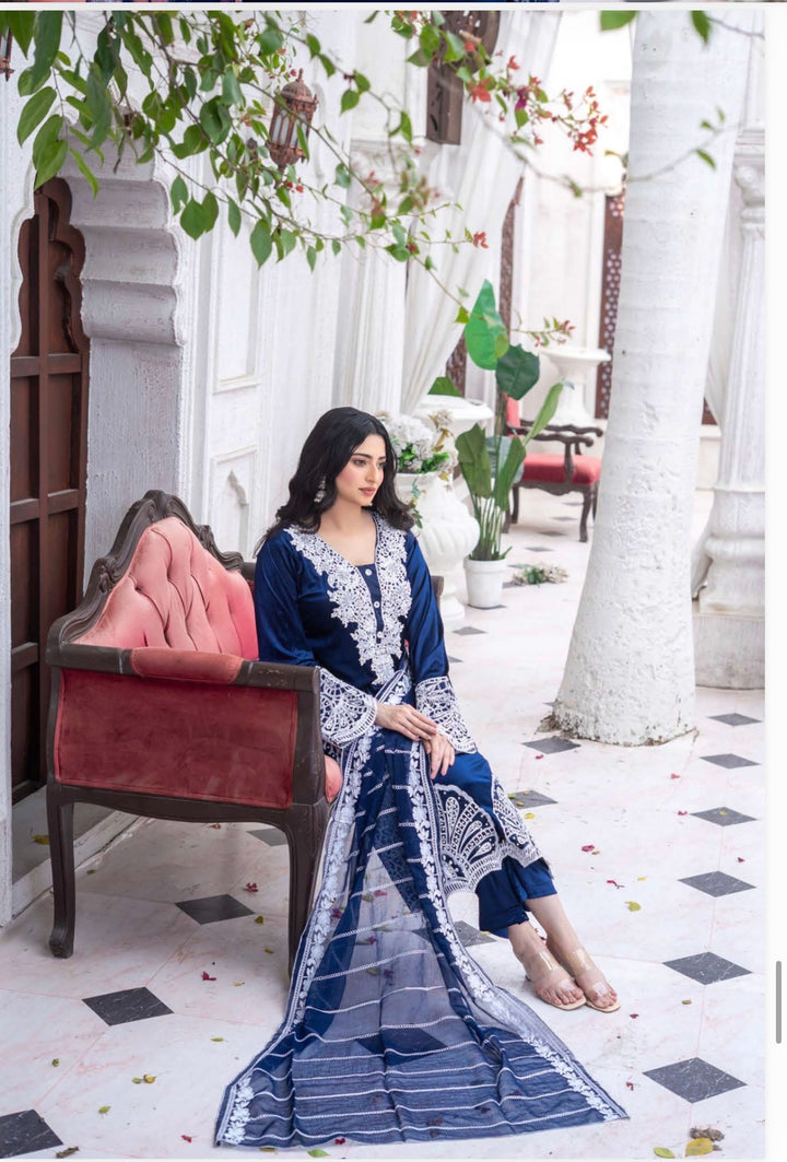 3 Pc Ready To Wear Fully Embroidered Valvet   Suit With Chiffon Duppata  - TT-04-