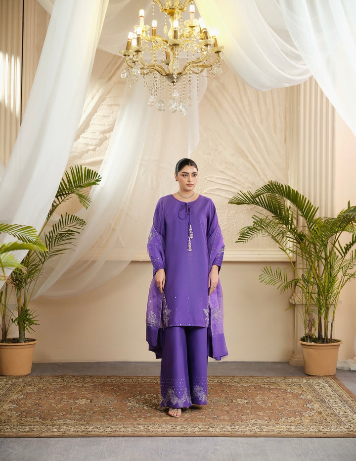 New Branded 3 PC Ready To Wear  Cambric Cotton Embroidered Suit- HE11