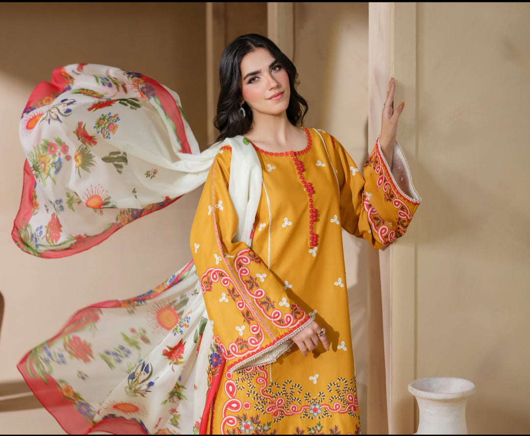 New 3 PC Ready To Wear  Viscose Embroidered Suit- HE145-