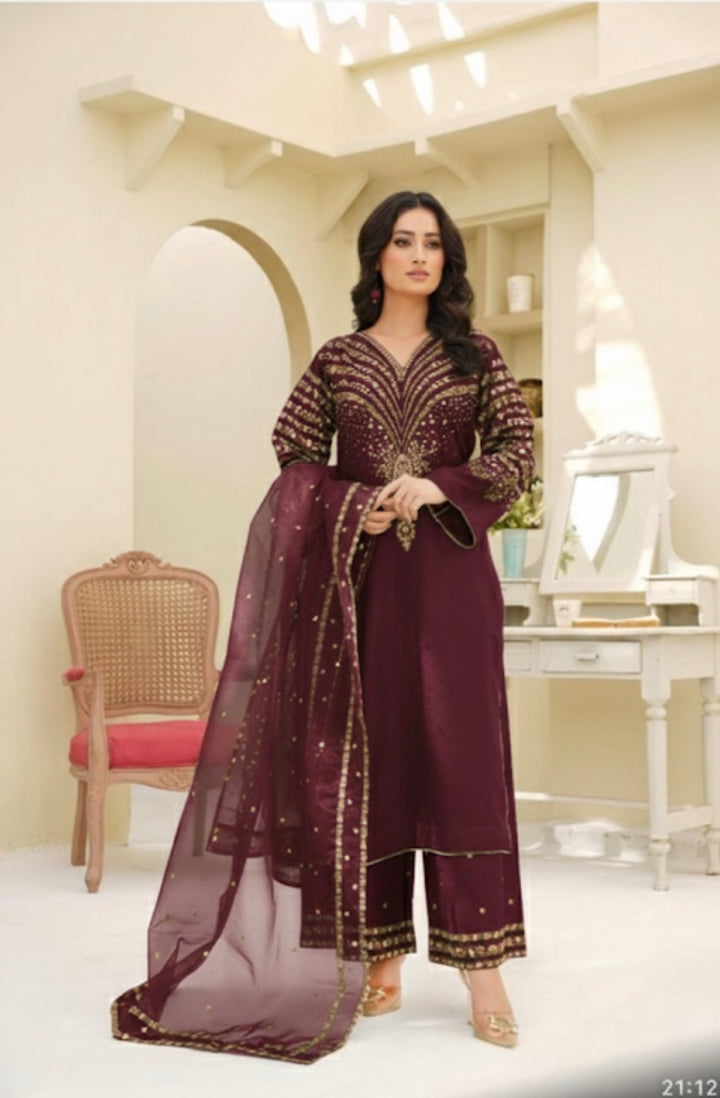 New 3 PC Ready To Wear Dhanak  Embroidered- Gold&Maroon AN-12-