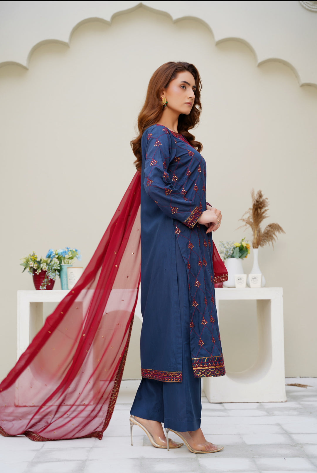 Navy Blue & Maroon 3-Piece Ready-to-Wear Winter Dhanak-Viscose Suit- MA12-