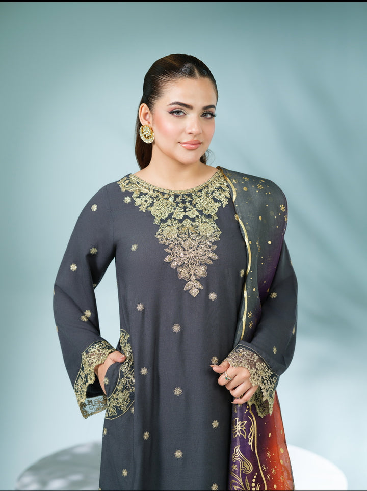 3 Pc Ready To Wear Embroidered Jet Air Soft Khaddar  Suit -HE21-