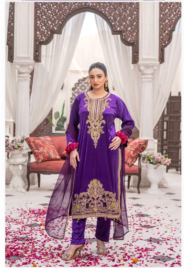 3 Pc Ready To Wear Fully Embroidered  Valvet Suit With Chiffon Dupatta - TT-51-