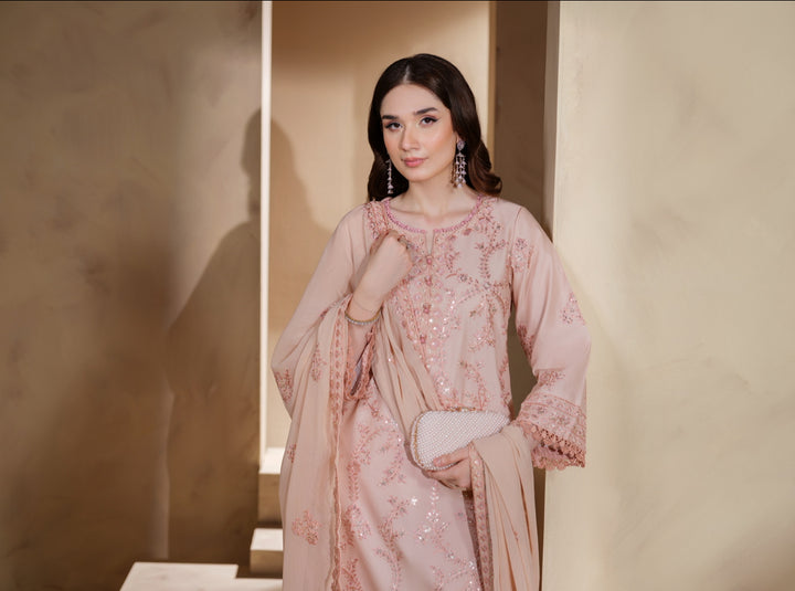 New Branded 3 PC Ready To Wear  Viscose Fully Embroidered Suit- HE147-