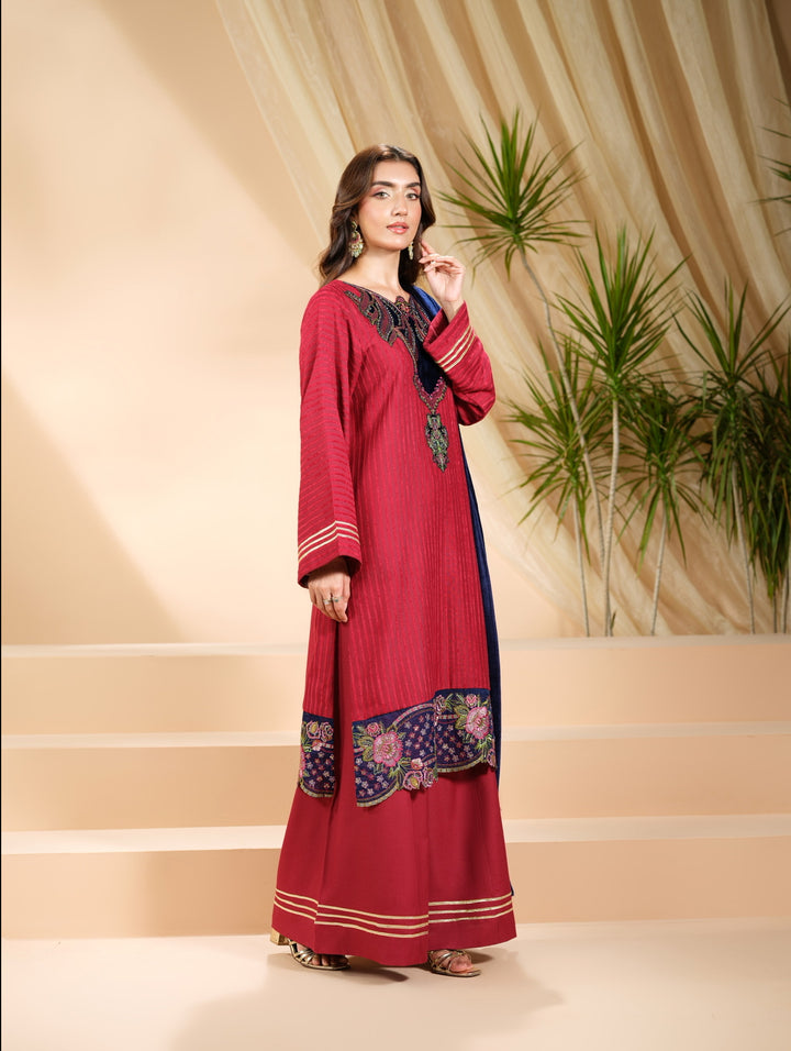 3 Pc Ready To Wear Embroidered  Pashmina Velvet Suit -HE64