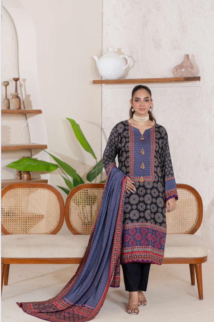 3 Piece Ready To Wear - Printed Linen Suit-- TT-105-