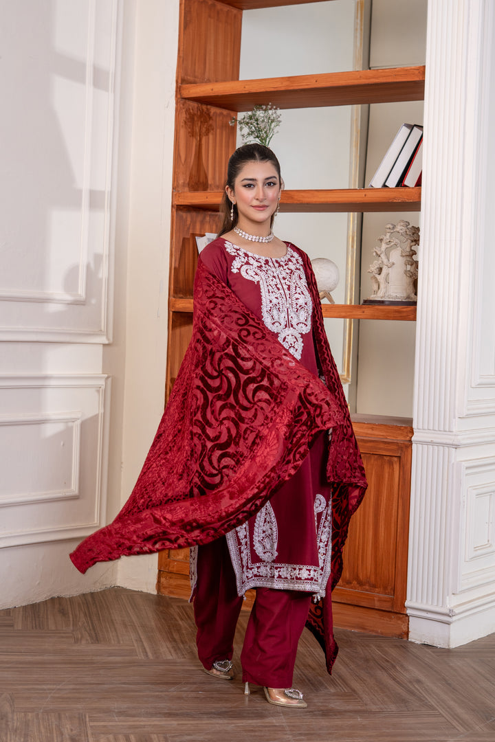3 Piece Ready To Wear Linen Embroidered Suits With Valvet Shawl -TT-31-