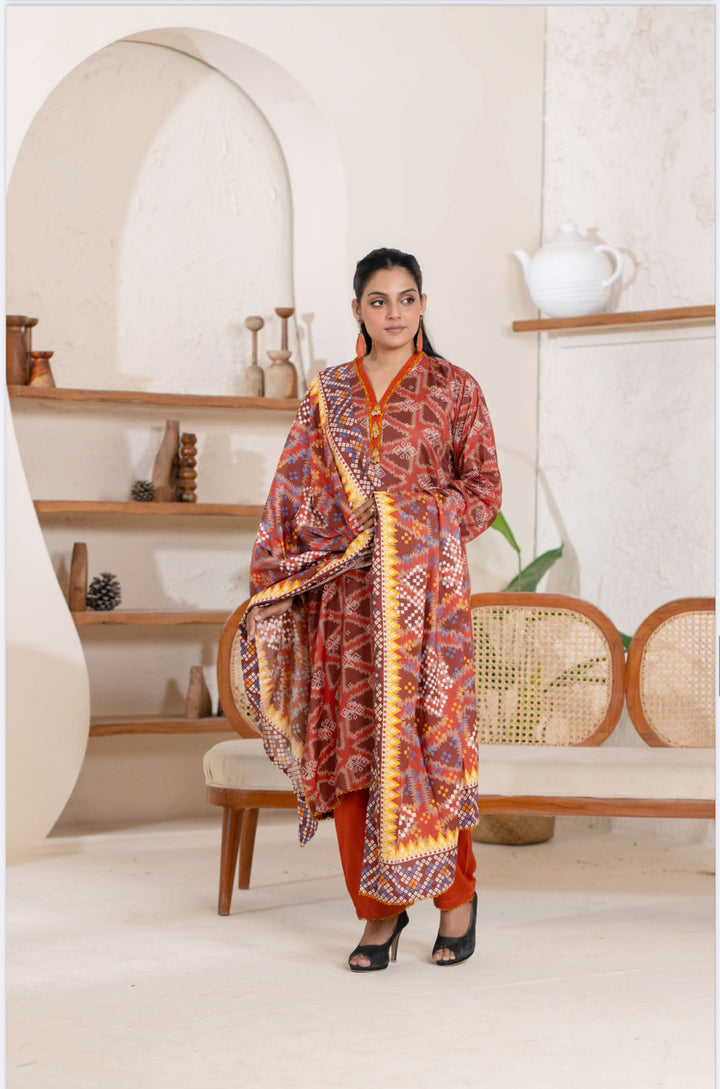 3 Piece Ready To Wear - Printed Linen Suit-- TT-104-