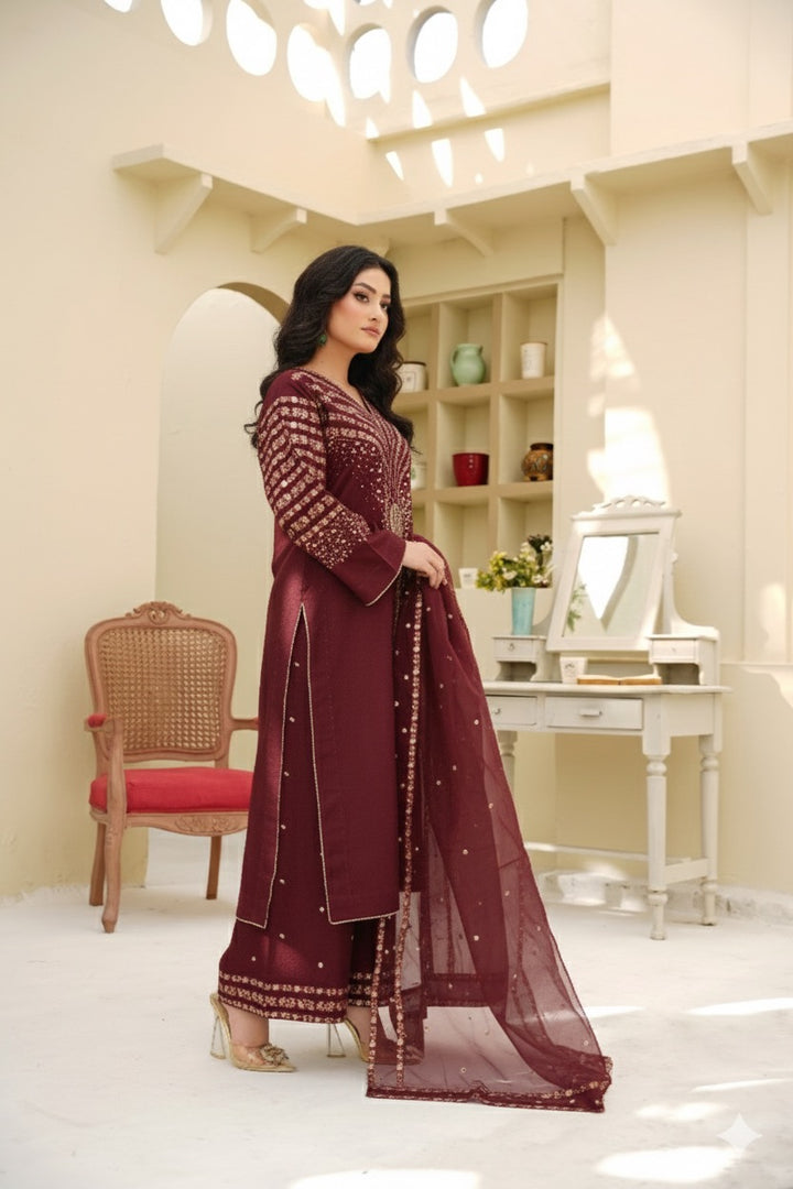 New 3 PC Ready To Wear Dhanak  Embroidered- Gold&Maroon AN-12-