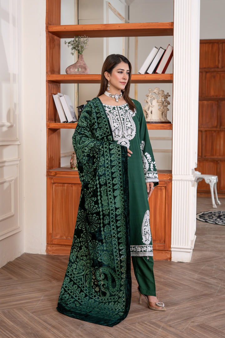 3 Piece Ready To Wear Linen Embroidered Suits With Valvet Shawl -TT-31-